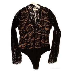 NEW Black Lace long Sleeve Bodysuit | Embroidery